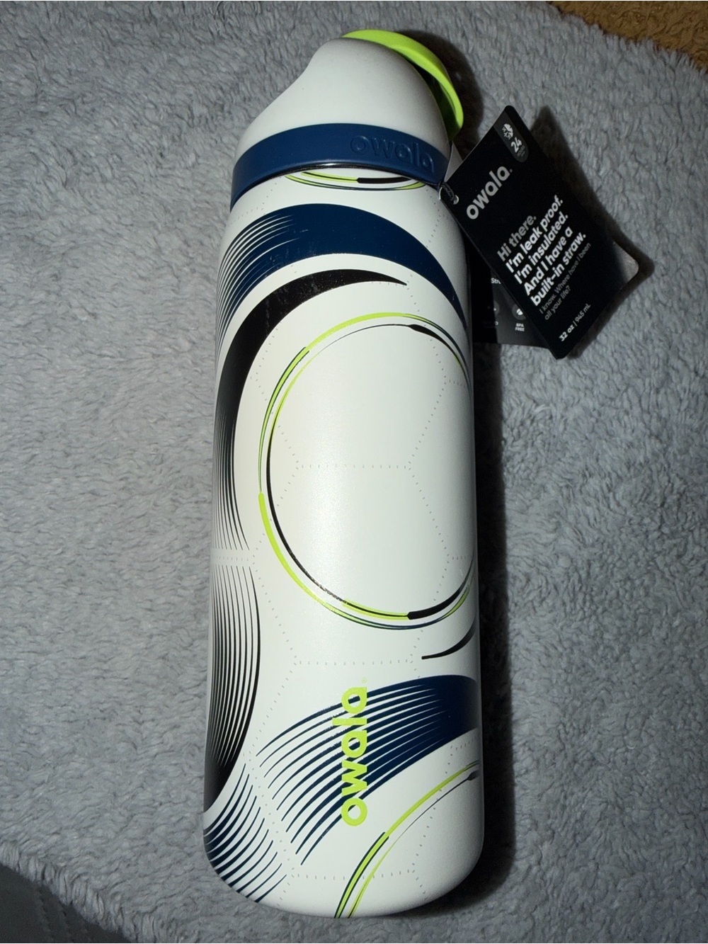 Owalo White Stainless Steel Water Bottle with Blue and Lime Accent